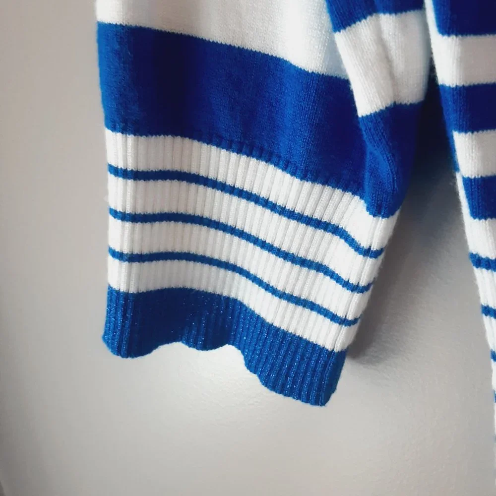 Belldini Striped Cardigan, V-neck, 3/4 Sleeve, Royal Blue & White | Medium - Picture 5 of 14